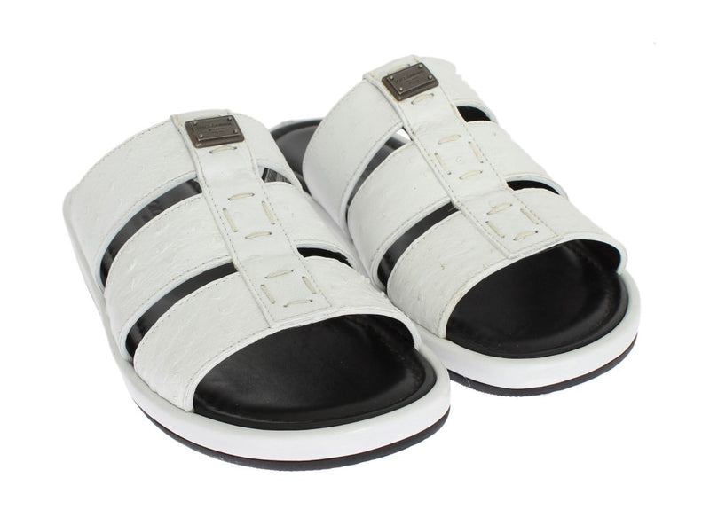 White Ostrich Leather Slides Sandals
