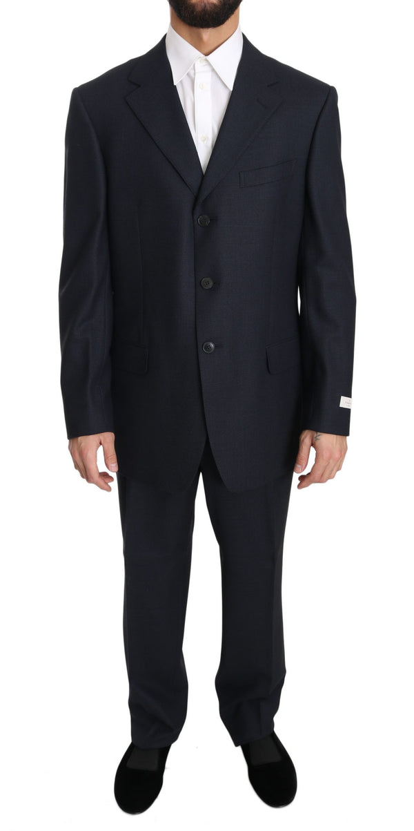 Blue Solid 2 Piece 3 Button Wool Suit