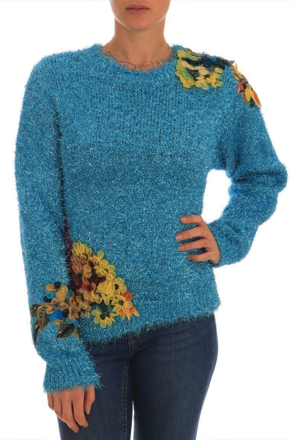 Blue Knitted Floral Applique Sweater