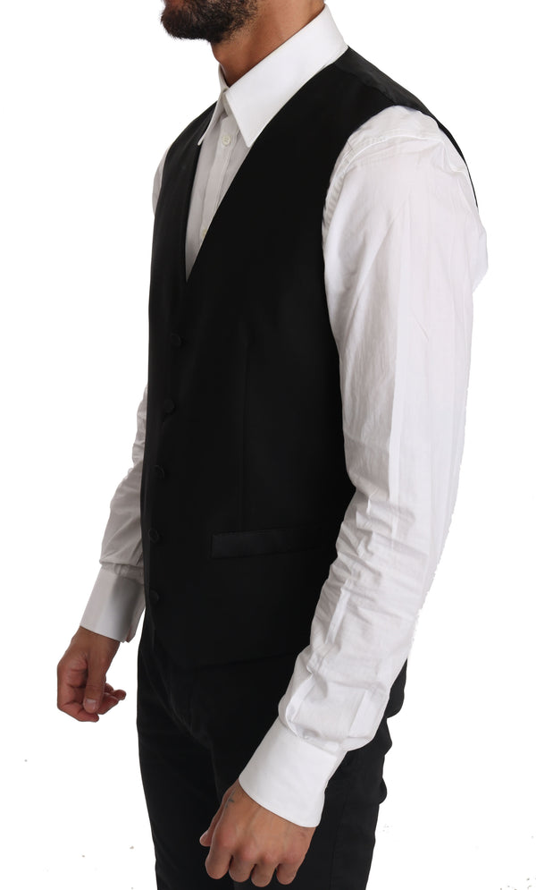 Black Solid Wool Silk Waistcoat Vest