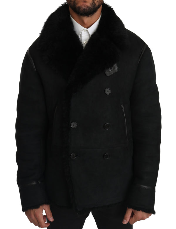 Black Lambskin Fur Pea Coat Jacket
