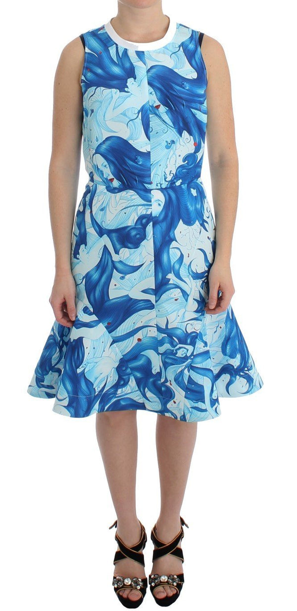 Blue Tempestuous Fresco-Print Fluted Hem Dress