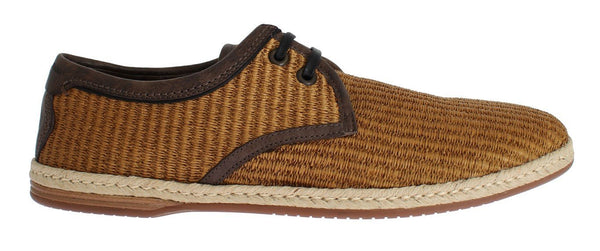 Brown Woven Raffia Leather Laceup Shoes