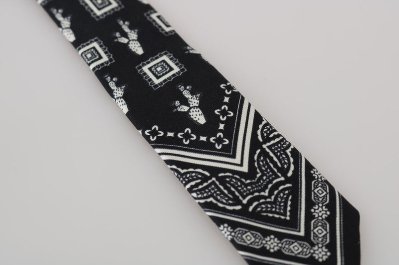 Black Silk White Cactus Print Tie