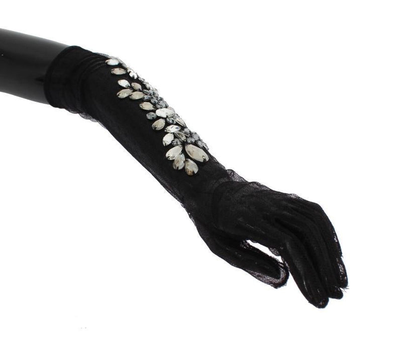 Black Floral Crystal Elbow Gloves