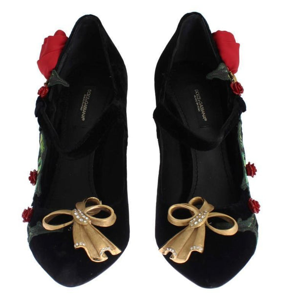 Black Velvet Roses Mary Janes Pumps Shoes for Women with Gold Bow
