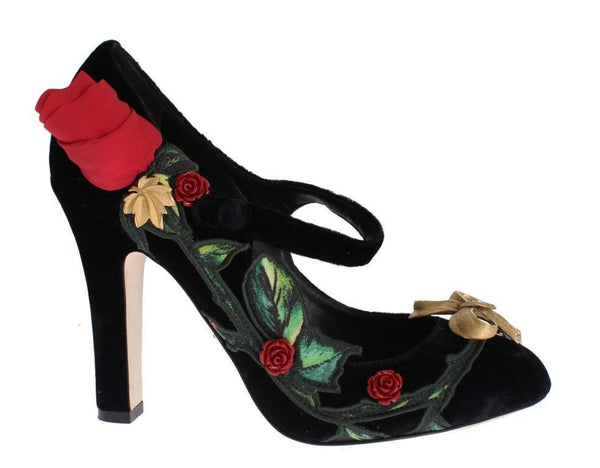 Black Velvet Roses Mary Janes Pumps Shoes for Women with Gold Bow