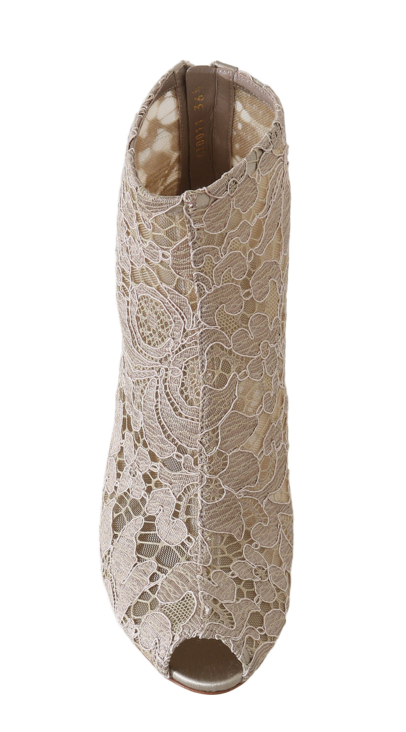 Beige Leather Cotton Lace Booties