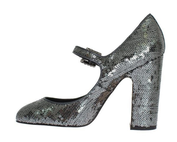 Gray Leather Sequined Mary Janes Shoes