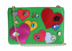 Purse Green Leather Heart Crystal Clutch