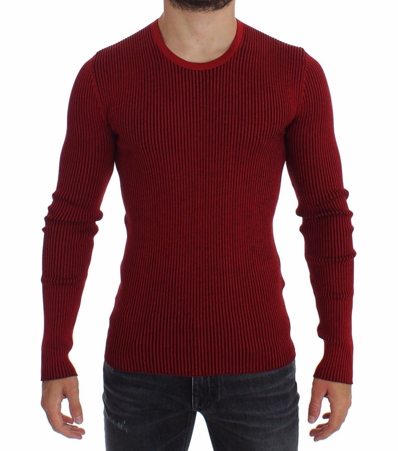 Red Silk Crewneck Ribbed Sweater
