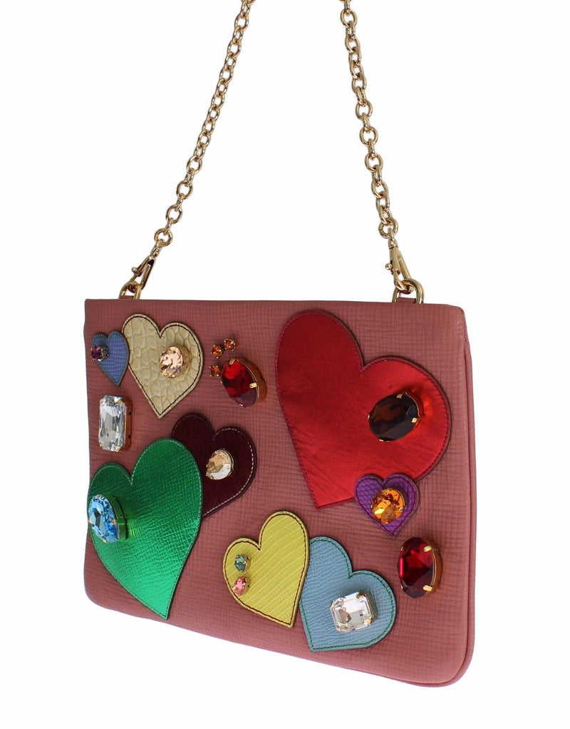 Pink Leather Multicolor Heart Crystal Clutch