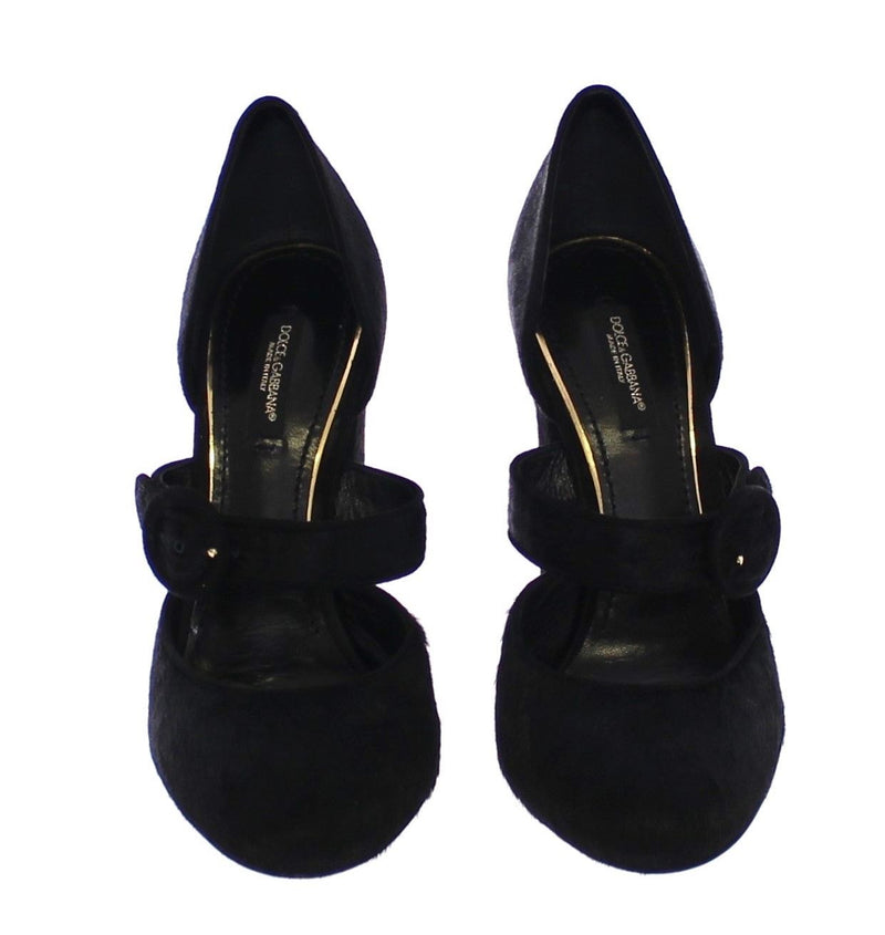 Black Pony Fur Leather Mary Janes Shoes