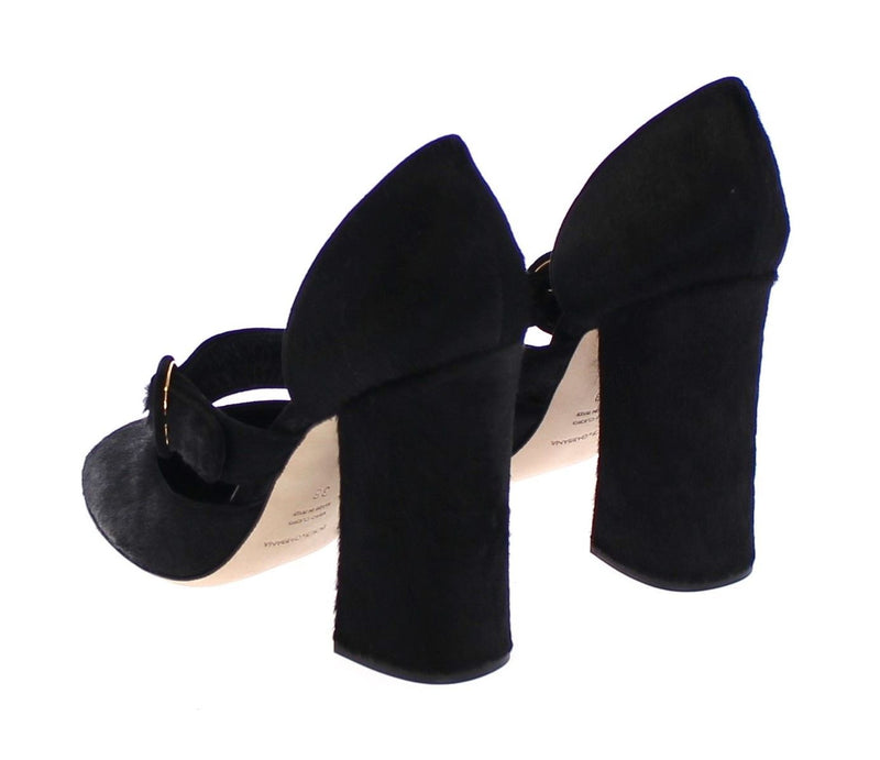 Black Pony Fur Leather Mary Janes Shoes