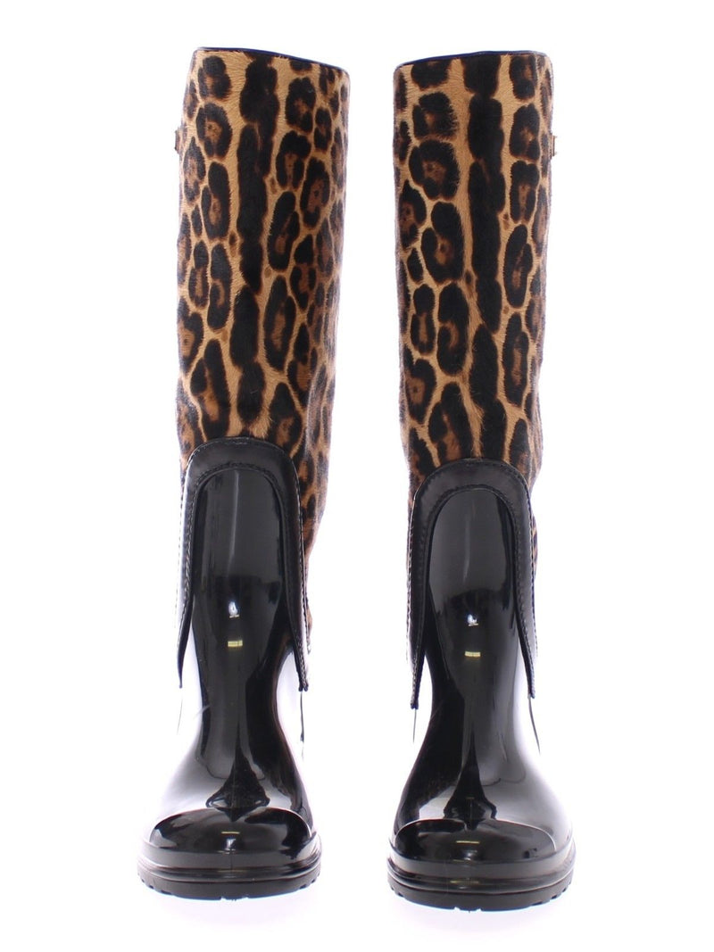 Black Rubber Leopard Pony Leather Rain Boots