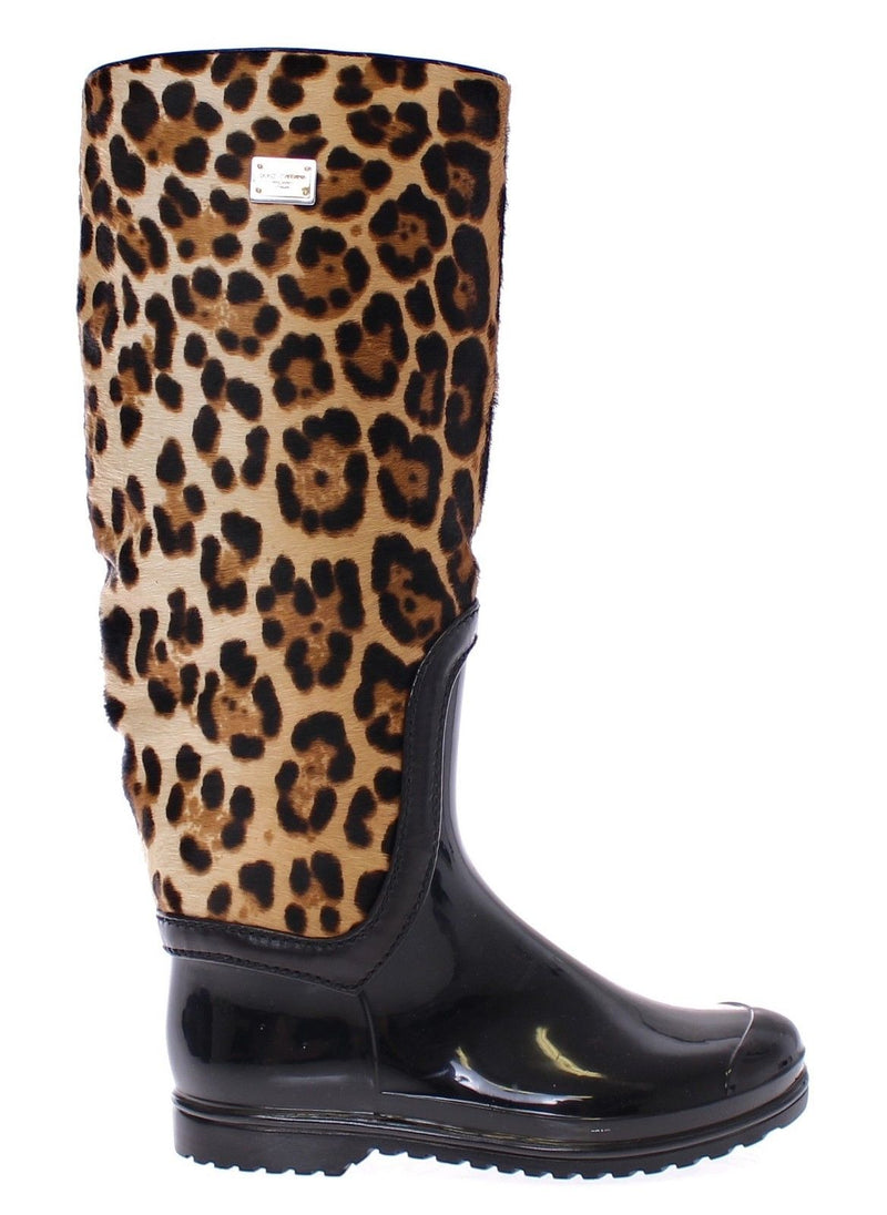 Black Rubber Leopard Pony Leather Rain Boots