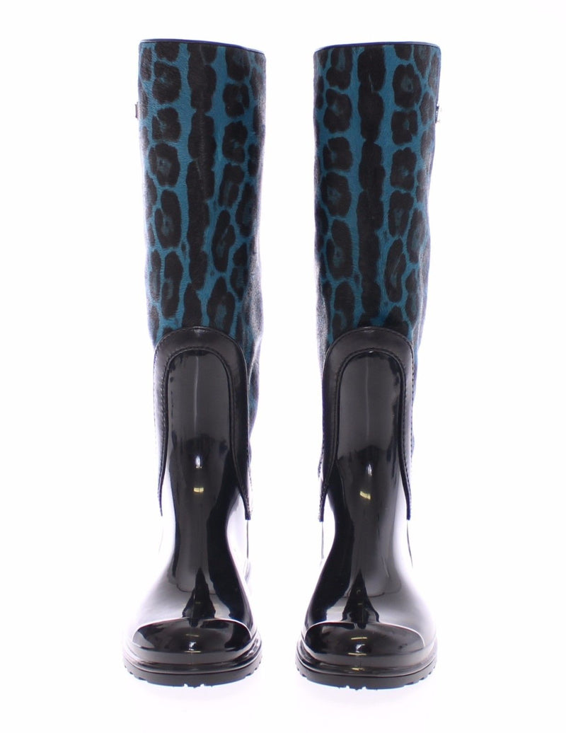 Black Rubber Blue Leopard Leather Rain Boots