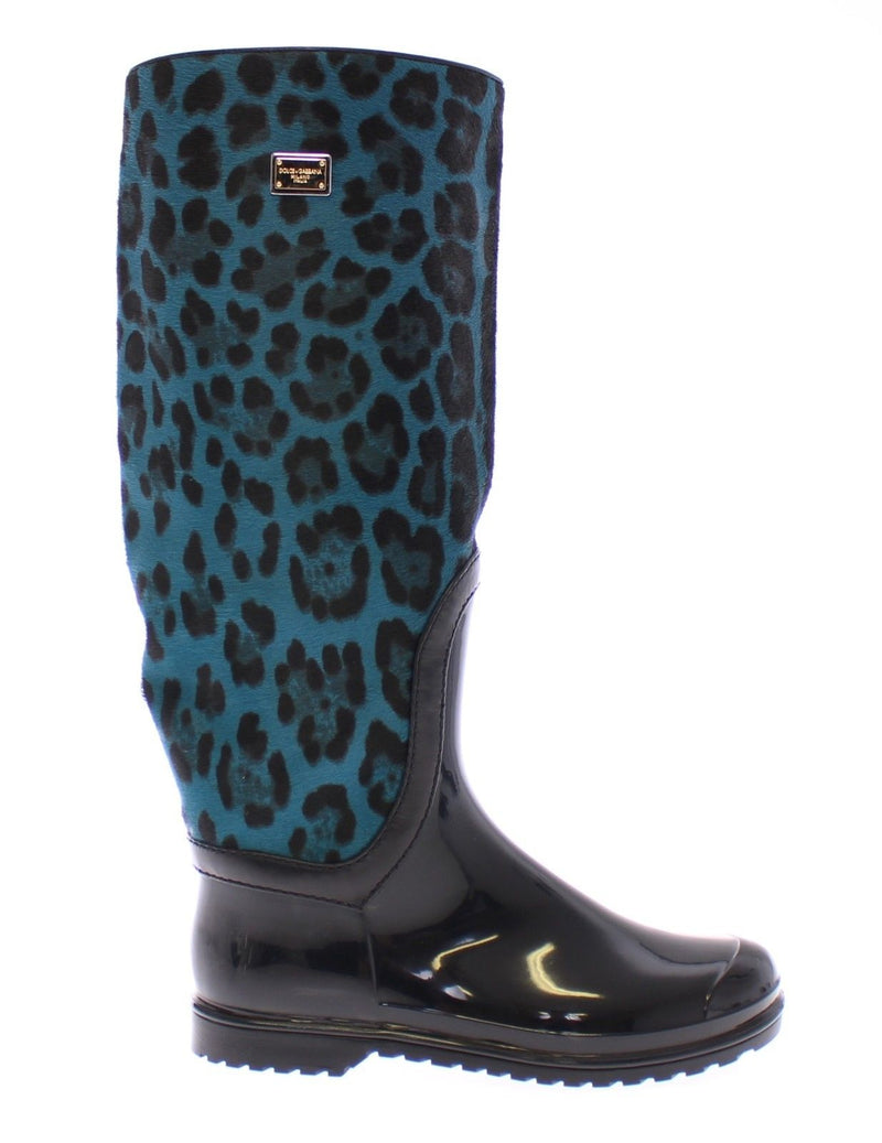 Black Rubber Blue Leopard Leather Rain Boots
