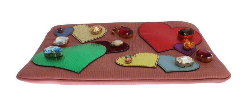 Pink Leather Multicolor Heart Crystal Clutch