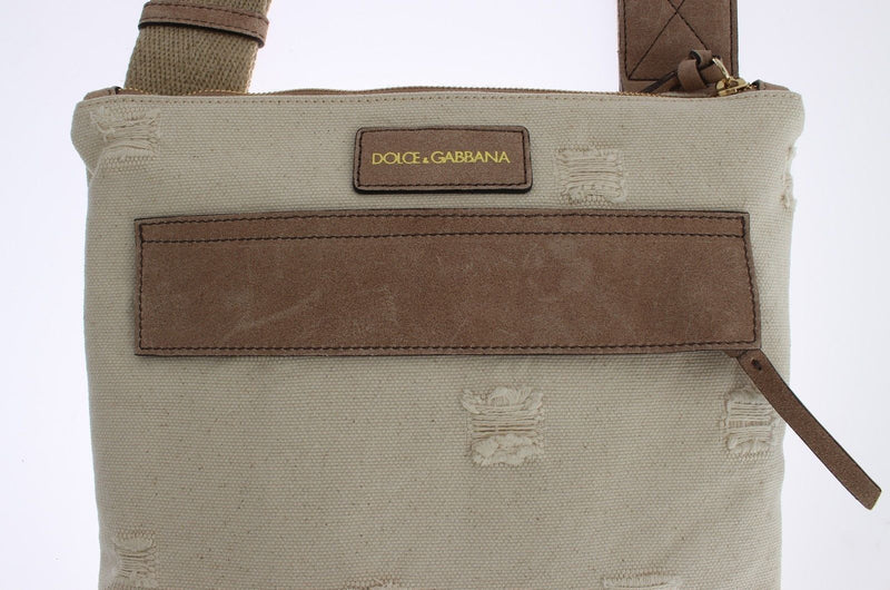 Beige Canvas Leather Crossbody Shoulder Bag
