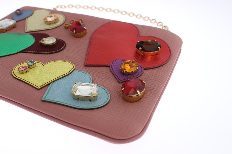 Pink Leather Multicolor Heart Crystal Clutch