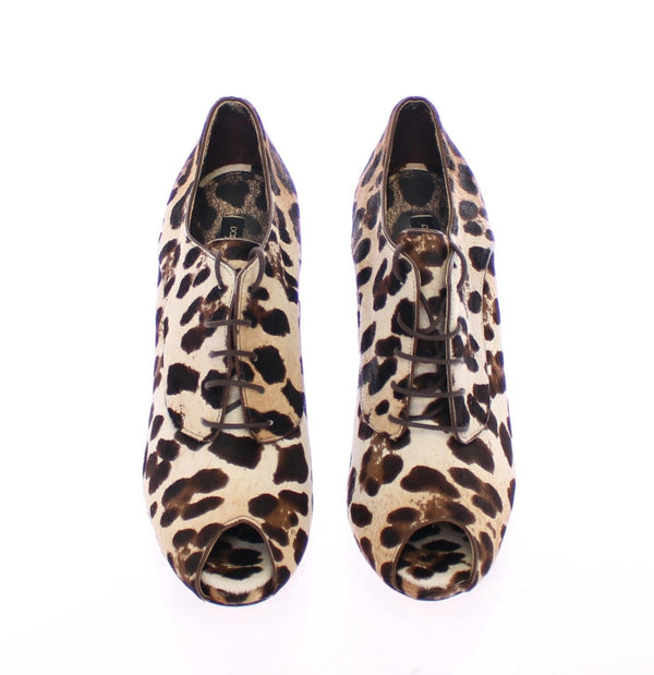 Brown Leather Fur Leopard Booties Shoes