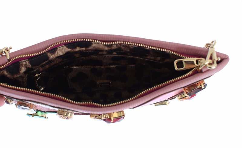 Pink Leather Multicolor Heart Crystal Clutch