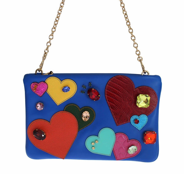 Blue Leather Multicolor Heart Crystal Clutch