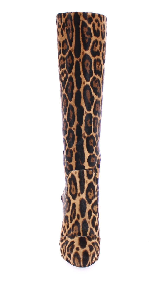 Brown Leopard Fur Leather Heel Logo Boots