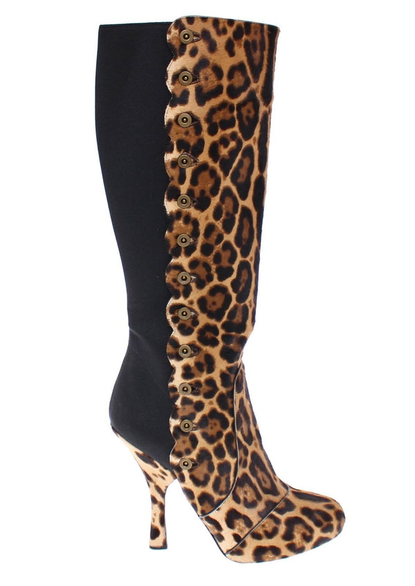 Brown Leopard Fur Leather Heel Logo Boots