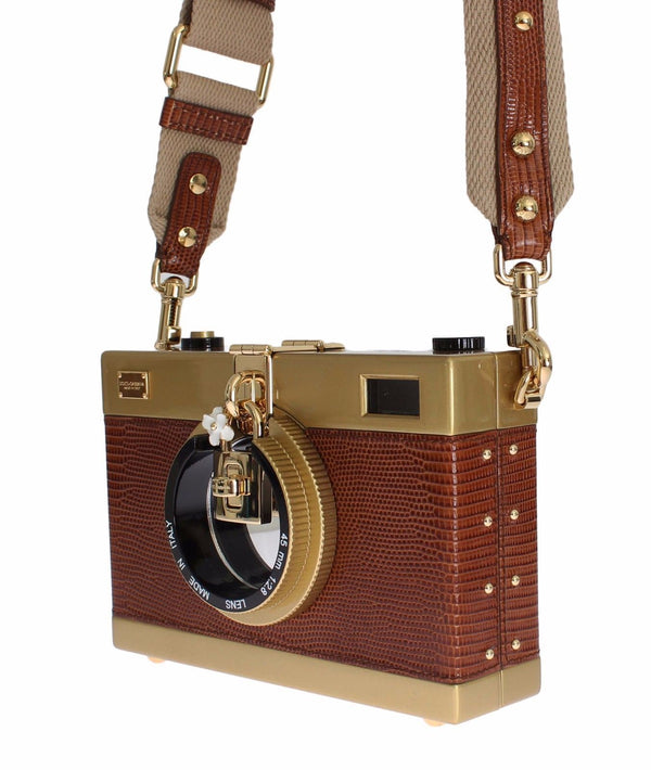Camera Case Brown Leather Gold Shoulder Bag Clutch
