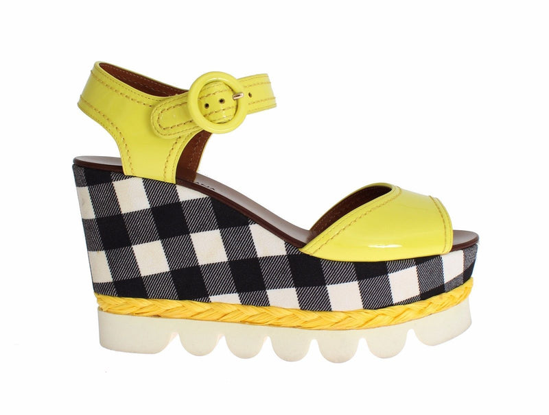 Yellow Leather Check Wedges Platform