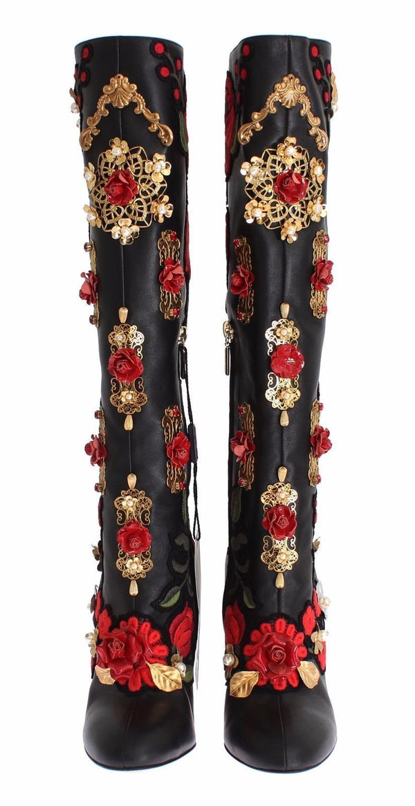 Dolce & Gabbana Red Roses Crystal Gold Heart Black Leather Boots