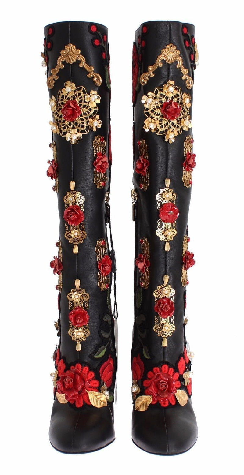 Dolce & Gabbana Red Roses Crystal Gold Heart Black Leather Boots