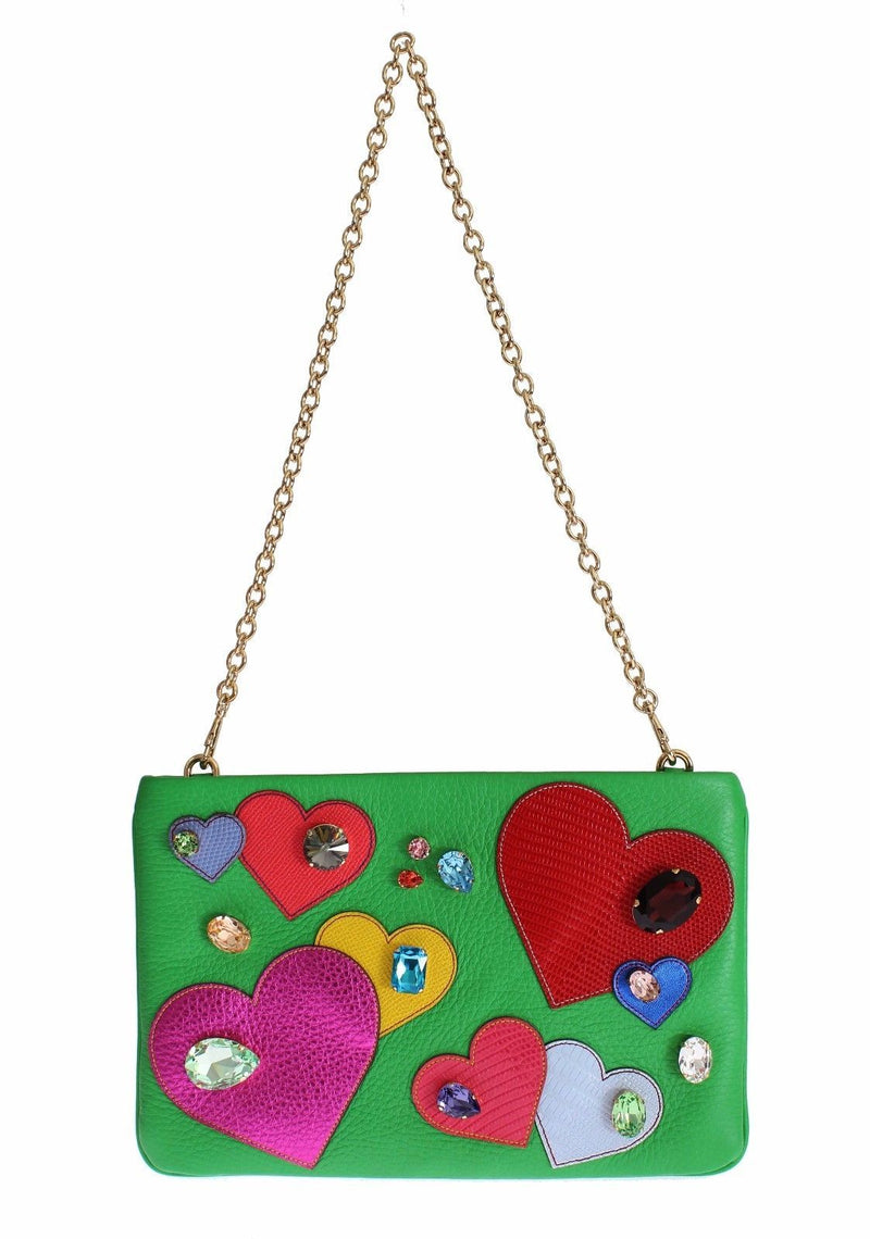 Purse Green Leather Heart Crystal Clutch