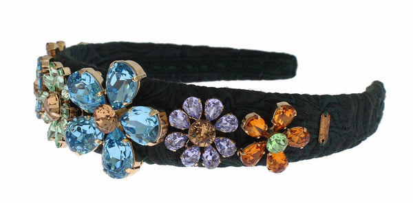Green Brocade Gold Crystal Floral Headband Hair Diadem
