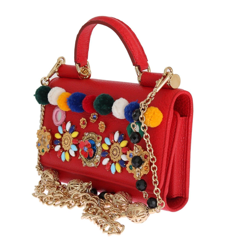 VON Red Leather Crystal Carretto POM POM Designer Handbag