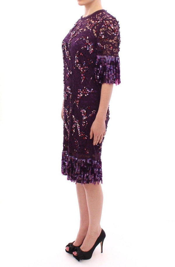 Purple Sequin Dress floral lace crystal sequin dress mid short sleeves