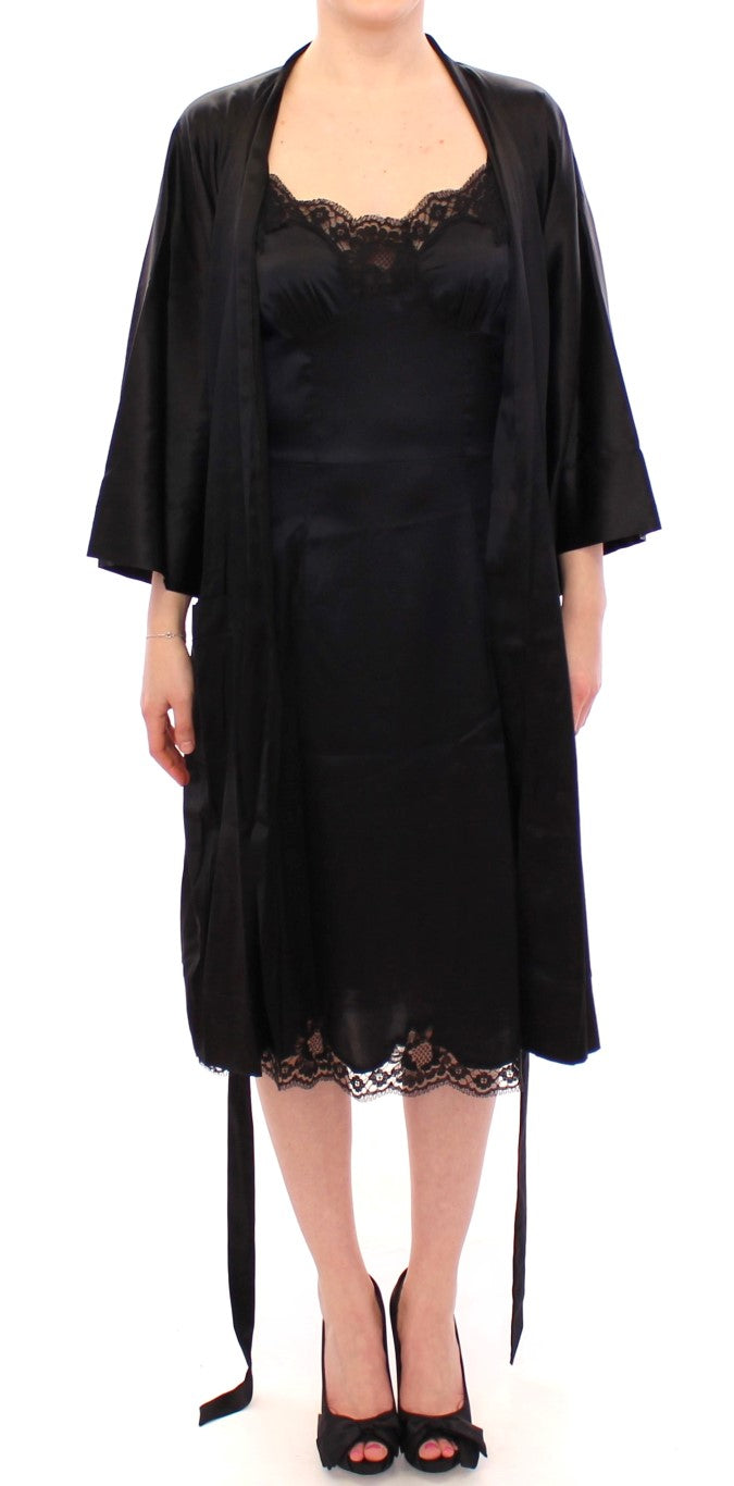 Black Silk Lace Dressing Gown Robe