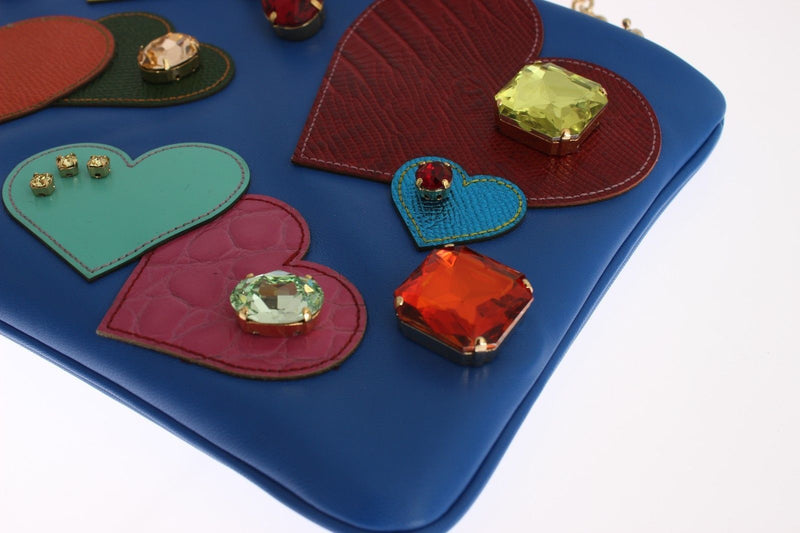 Blue Leather Multicolor Heart Crystal Clutch