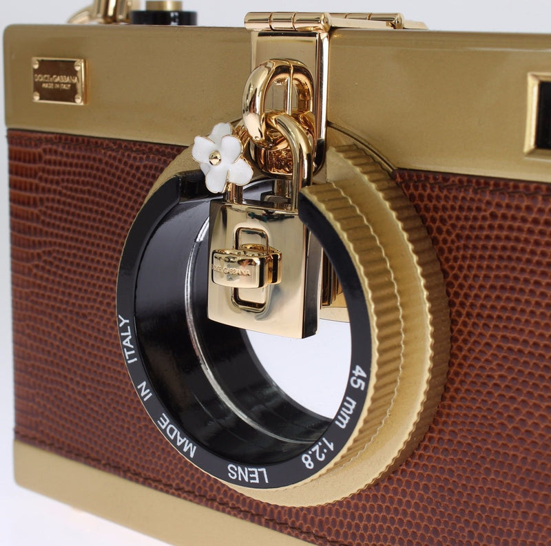 Camera Case Brown Leather Gold Shoulder Bag Clutch