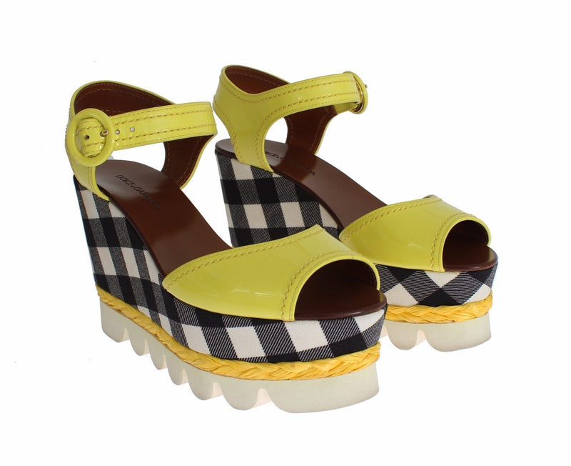 Yellow Leather Check Wedges Platform