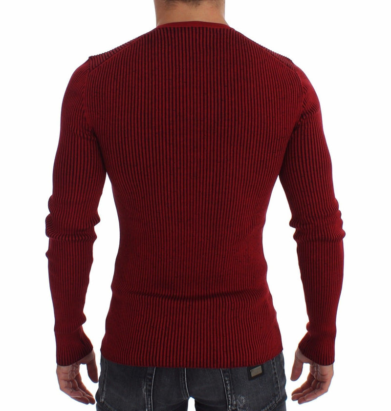 Red Silk Crewneck Ribbed Sweater