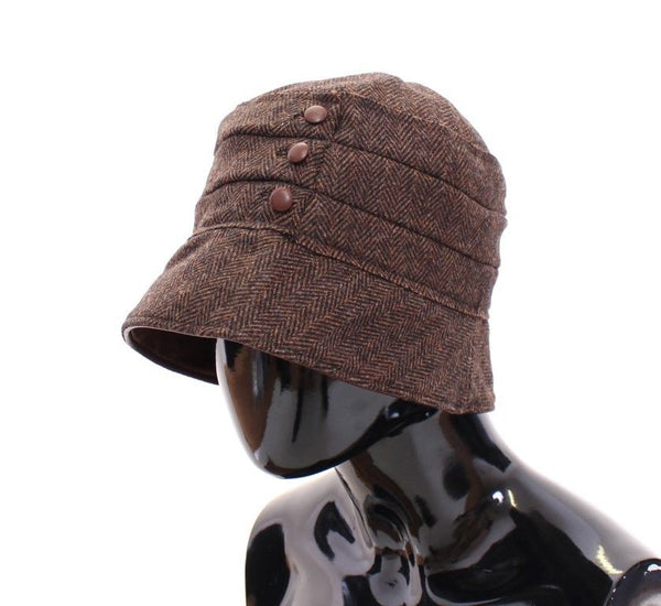 Brown Wool Leather Bucket Cap Hat Cappello