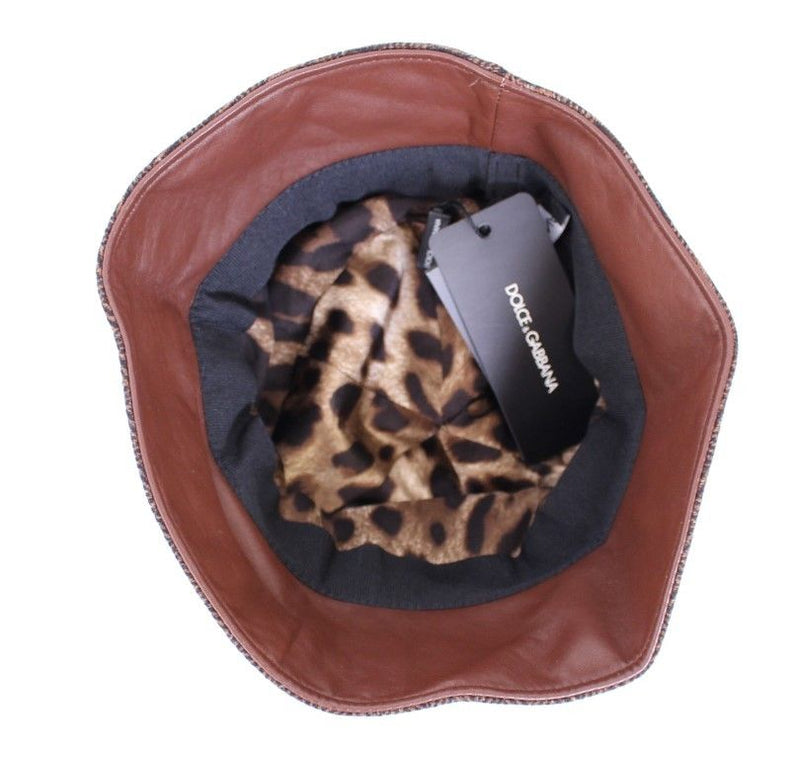 Brown Wool Leather Bucket Cap Hat Cappello