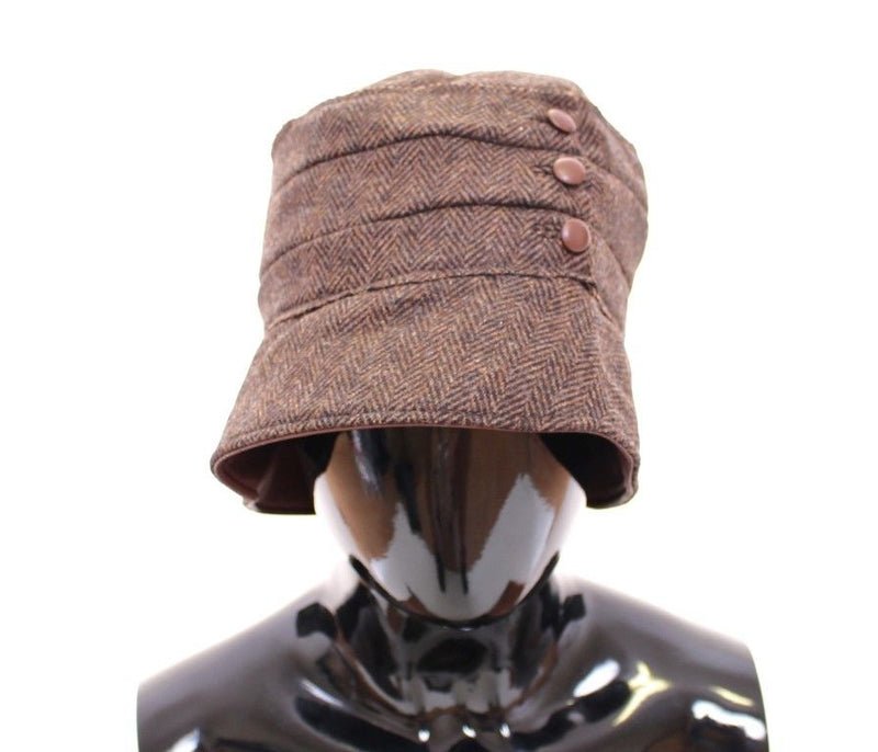 Brown Wool Leather Bucket Cap Hat Cappello