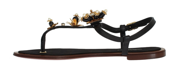 Black Leather Crystal Floral Flip Flop Sandals