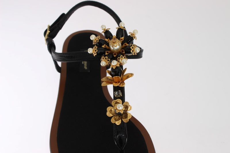 Black Leather Crystal Floral Flip Flop Sandals