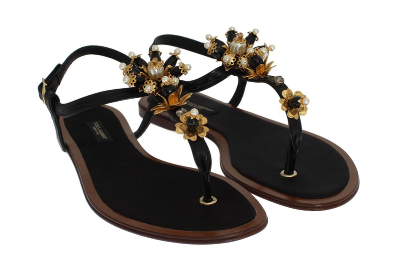 Black Leather Crystal Floral Flip Flop Sandals