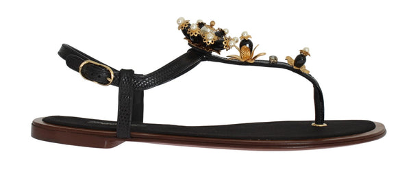 Black Leather Crystal Floral Flip Flop Sandals
